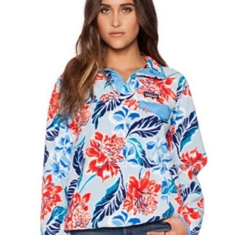 Patagonia Women's Floral Fleece Pullover - Blue and Red